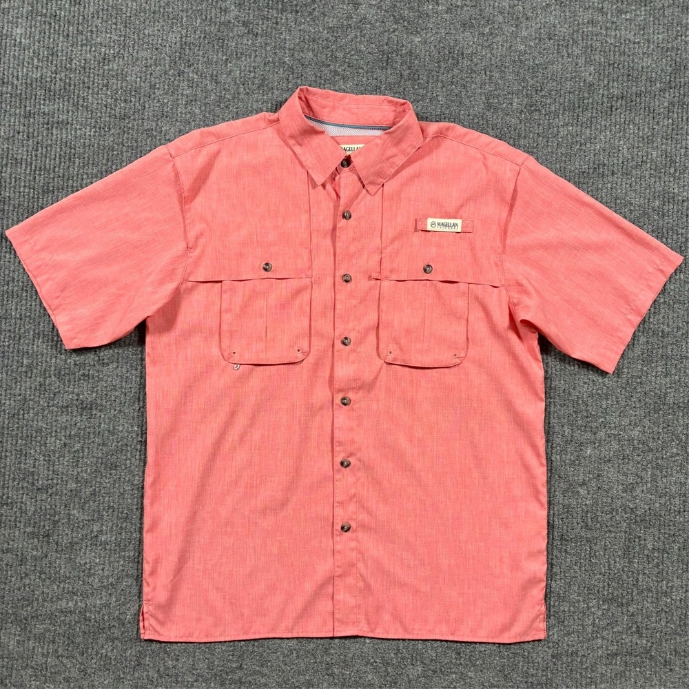 Magellan Fish Gear Button Up Shirt Mens M Coral Short Sleeve Relaxed Fit Outdoor
